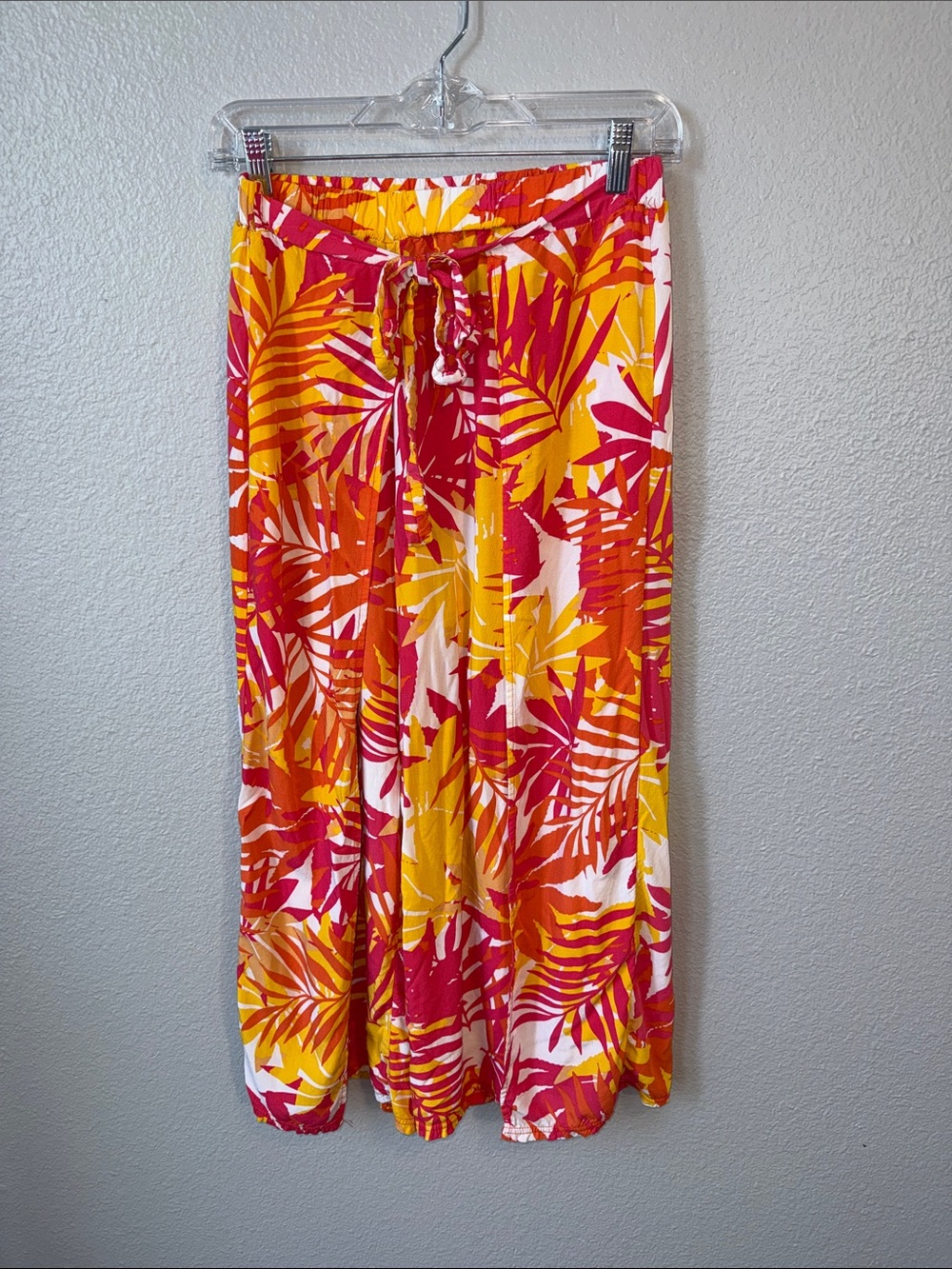 Tropical Print Drawstring wide Leg Pants - Pink, Yellow, Orange